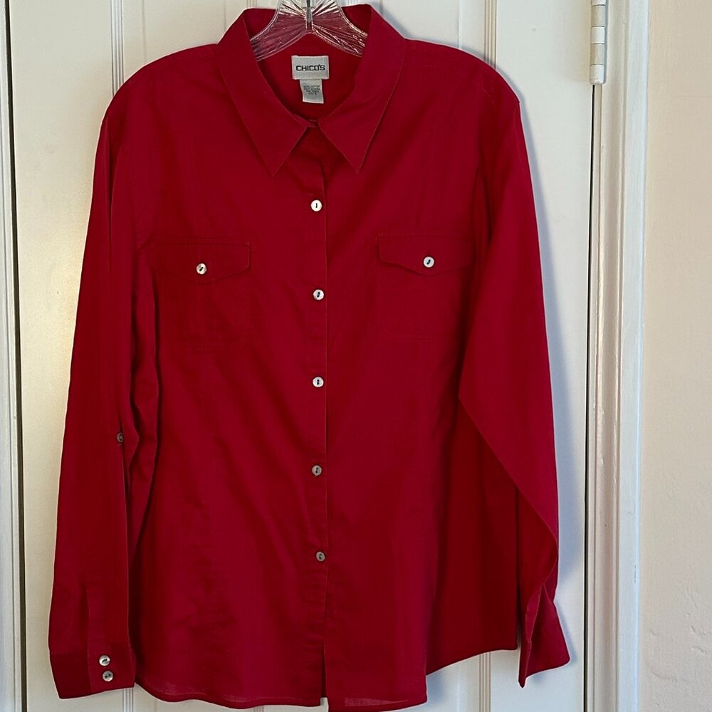 Chico's Red Cotton Button-front Long-sleeve Shirt, Size: 3